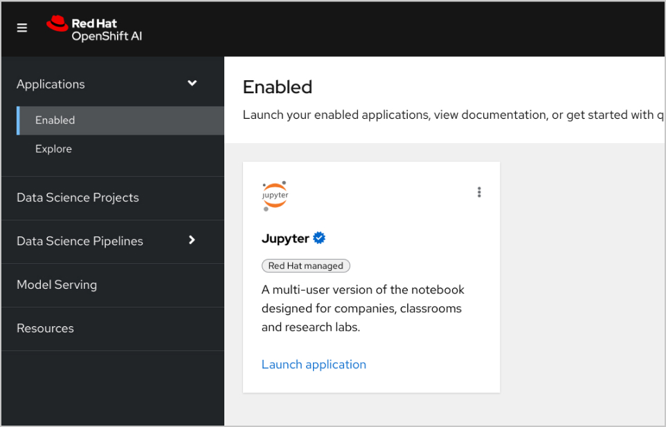 Screenshot of OpenShift AI console enabled applications tab